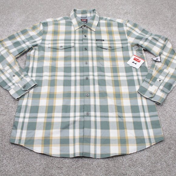 Wrangler Shirt NWT Mens Large Green/Yellow Regular Fit Roll Sleeve Stretch L/S - Picture 2 of 13